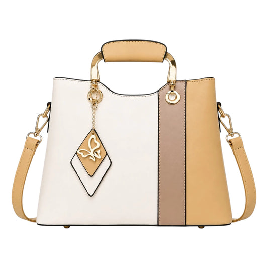 Handbags Collection Cream Butterfly Charm Color block Handbag