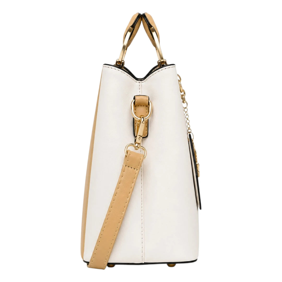 Handbags Collection Cream Butterfly Charm Color block Handbag