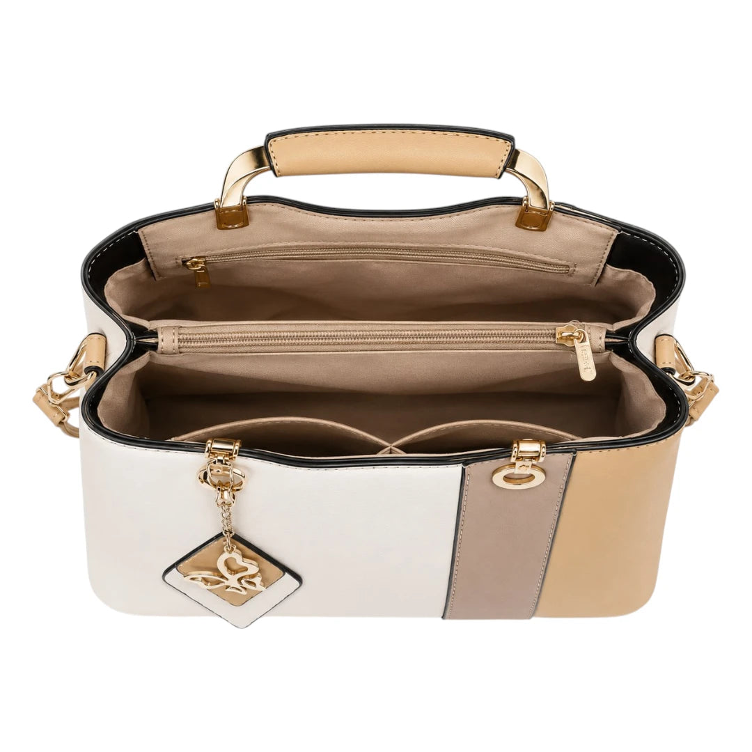 Handbags Collection Cream Butterfly Charm Color block Handbag
